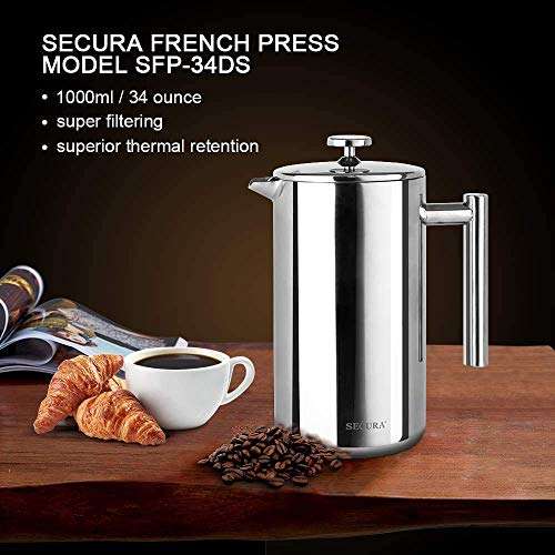 Amazon: Secura Cafetera Prensa Frances, 304 acero inoxidable Insulated Coffee Press with 2 Extra Screens, 34oz (1 Litro)