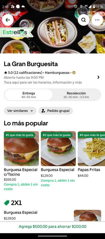 Uber Eats: La gran burguesíta; 4 burguesas especiales por 58 pesitos (Uber One)