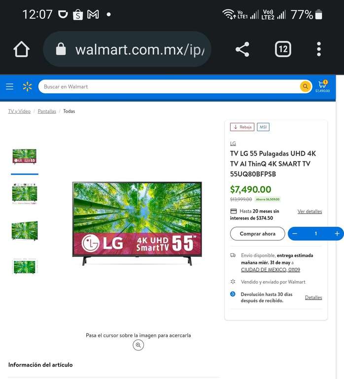 Walmart: TV LG 55 Pulagadas UHD 4K TV AI ThinQ 4K SMART TV 55UQ80BFPSB