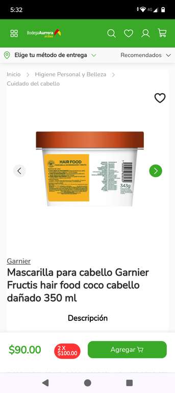 Bodega Aurrerá, mascarilla para cabello Garnier 2 x $100
