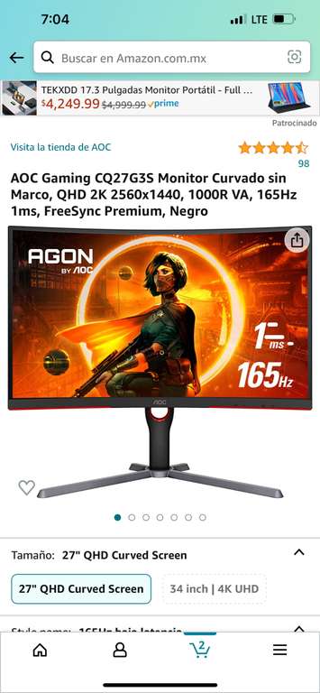 Amazon: Monitor AOC Gaming QHD 2K 2560x1440, 165Hz 1ms con Banorte