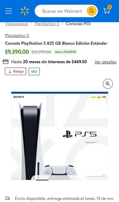 Walmart: Playstation 5 edición estándar $7,561 con BBVA o Citibanamex
