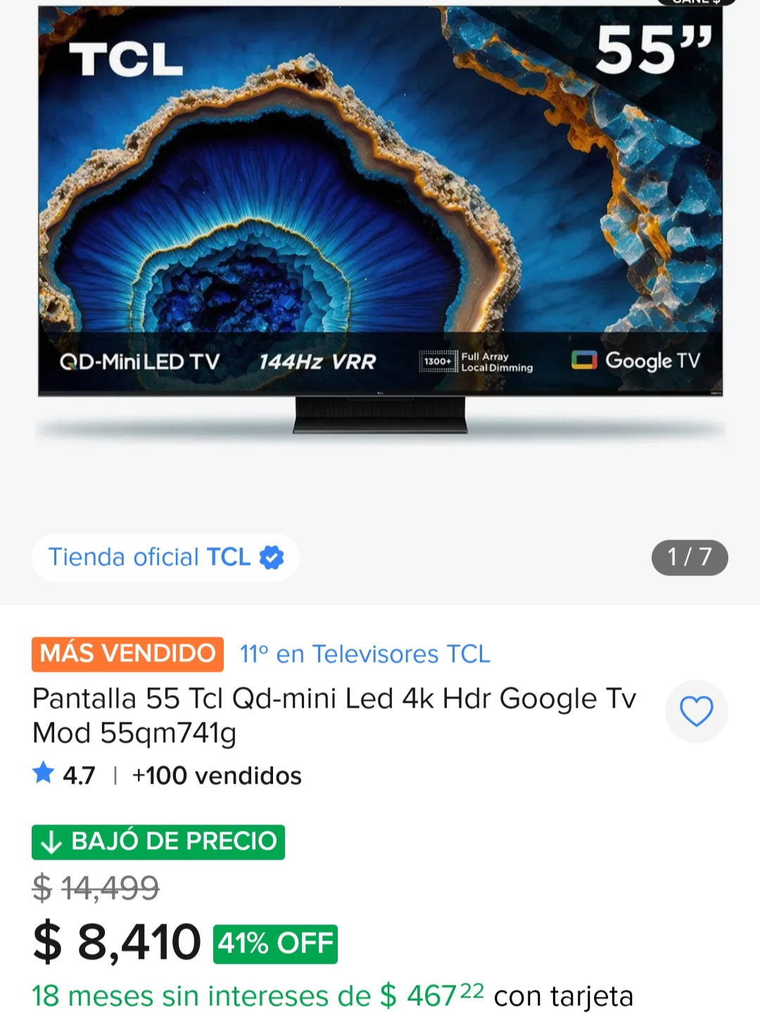 Mercado Libre: Pantalla 55 TCL 4k | Qd-mini Led 1300+ | HDR | Google Tv | 55QM741G | 144Hz | con AMEX