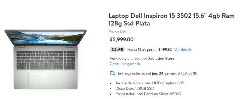 Walmart: Laptop para tareas o uso sencillo a buen precio Dell 15.6" 4gb Ram 128g Ssd Plata