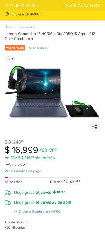 Mercado Libre: Laptop Gamer Hp 16-d0516la Rtx 3050 I5 8gb + 512 Gb + Combo Azul
