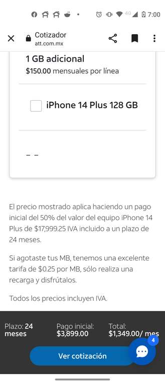 AT&T: iPhone 14 plus $17999 en Plan Ármalo