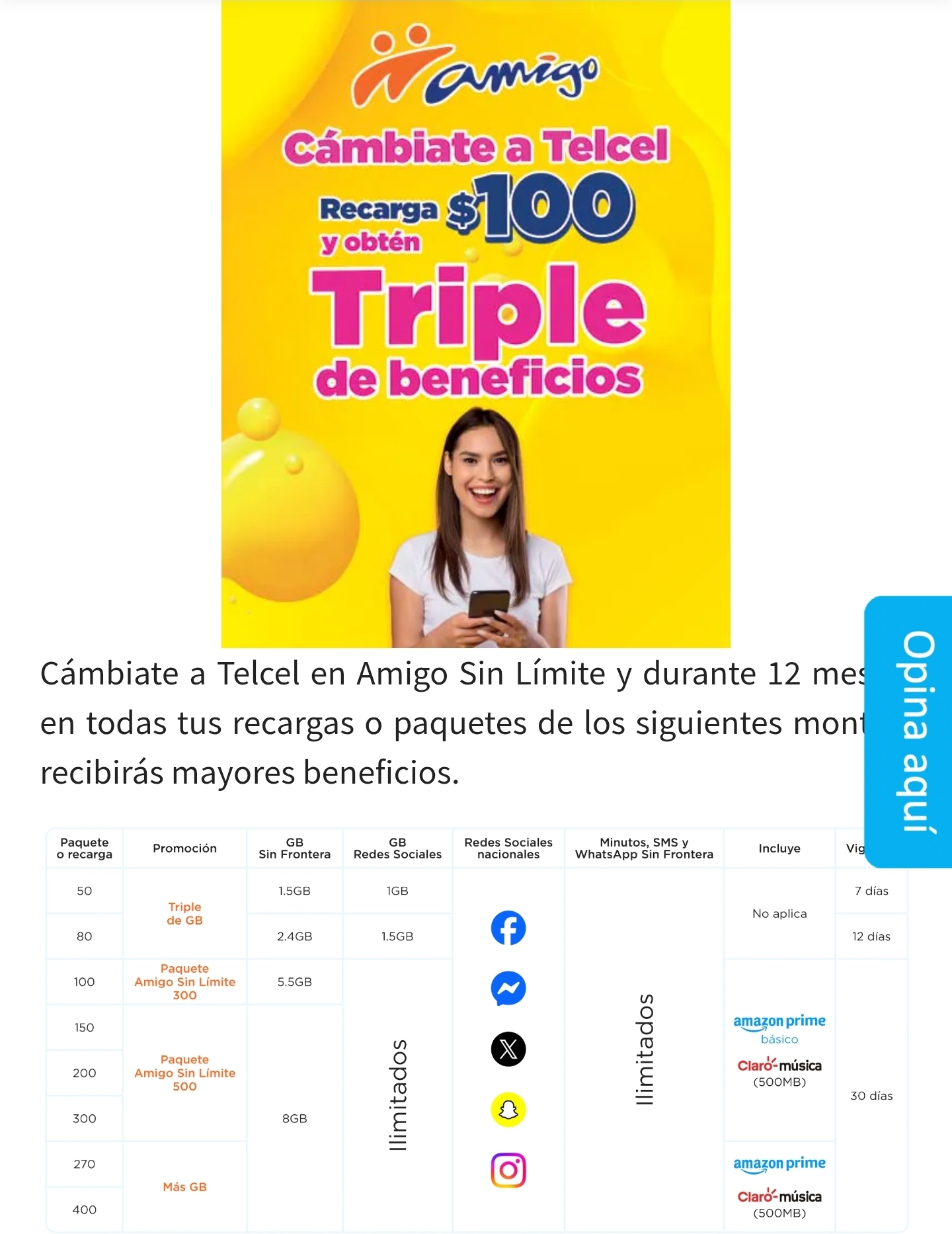 Telcel: Cámbiate a Telcel, recarga $100 y obtén el triple de beneficios
