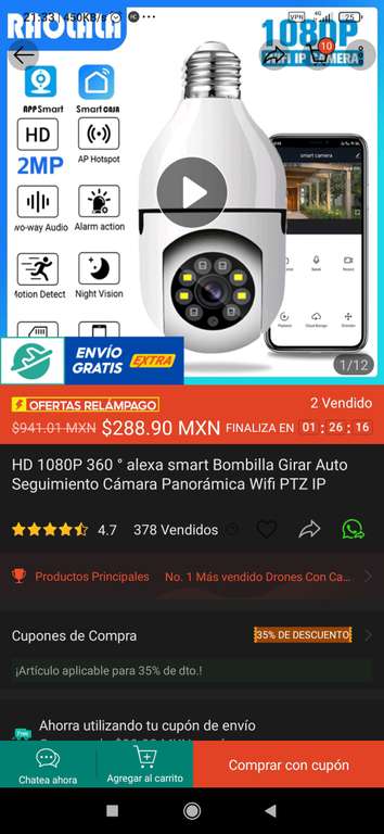 Shopee: HD 1080P 360 ° alexa smart Bombilla Girar Auto Seguimiento Cámara Panorámica Wifi PTZ IP