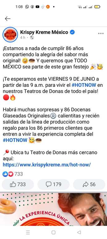 Krispy Kreme: Gratis Docena Glaseada Original (Válido solamente en tiendas con Teatro de donas) | Solo 86 docenas gratis por Teatro