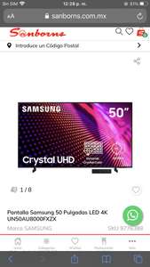 Sanborns: Pantalla Samsung 50 Pulgadas LED 4K UN50AU8000FXZX