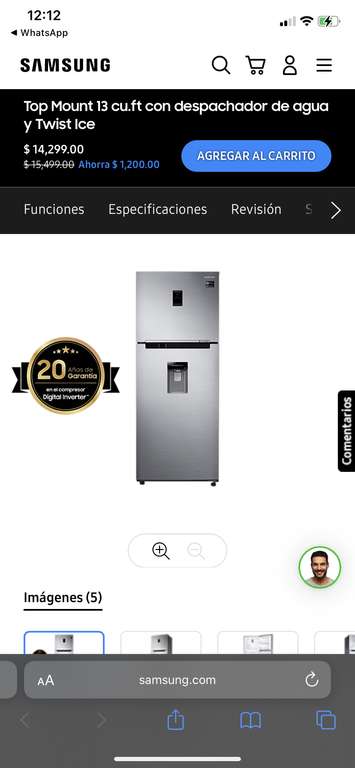 Refrigerador Samsung Top Mouth 13 cu.ft con despachador de agua y twist ice