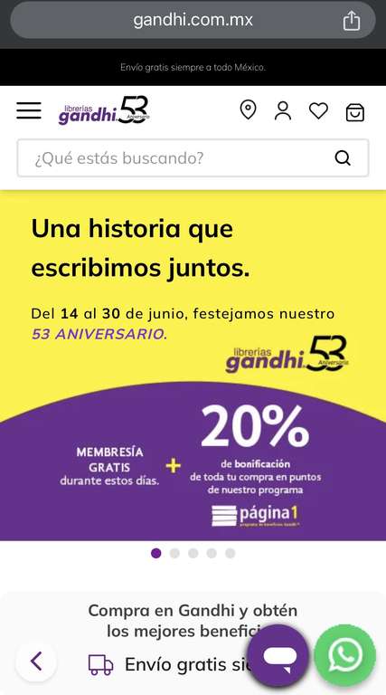 Librerías Gandhi: Membresía gratis al programa de puntos Página 1 + 20% de bonificación en compras