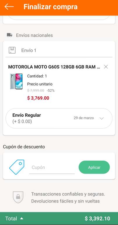 Linio: Motorola g60s , precio pagando con tarjetas participantes