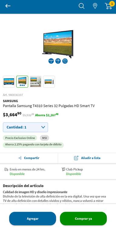 Sam's Club: Pantalla Samsung T4310 Series 32 Pulgadas HD Smart TV