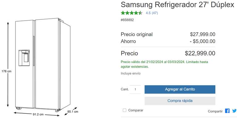 Costco: Refrigerador Samsung 27' Dúplex con despachador de agua y hielo (con TDC Citibanamex Costco)