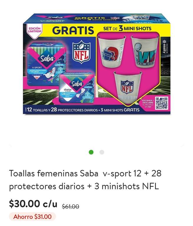 Bodega Aurrerá en línea: Toallas femeninas Saba v-sport 12 + 28 protectores diarios + 3 minishots NFL