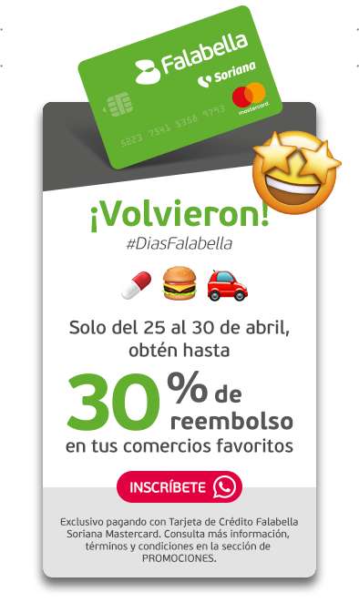 Tarjeta Falabella: Días Falabella (25-30 Abril Reembolsos), 20% en Farmacias (25), 30% Restaurantes(27), y 15% Gasolina(29 y 30)