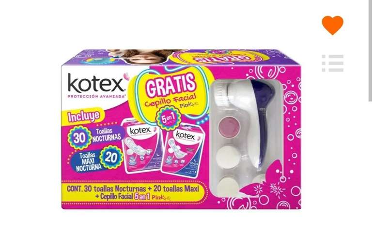 Walmart: Toallas femeninas Kotex nocturnas 30 pzas + maxi nocturna 20 pzas y cepillo facial Pink