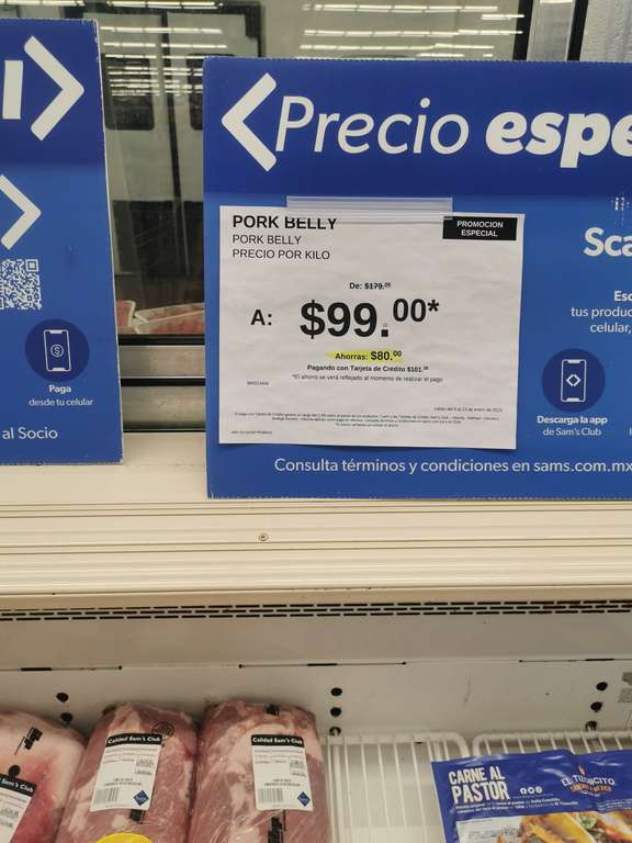 Lomo de cerdo y Pork Belly (precio por Kg), Sam's Club Villahermosa Guayabal