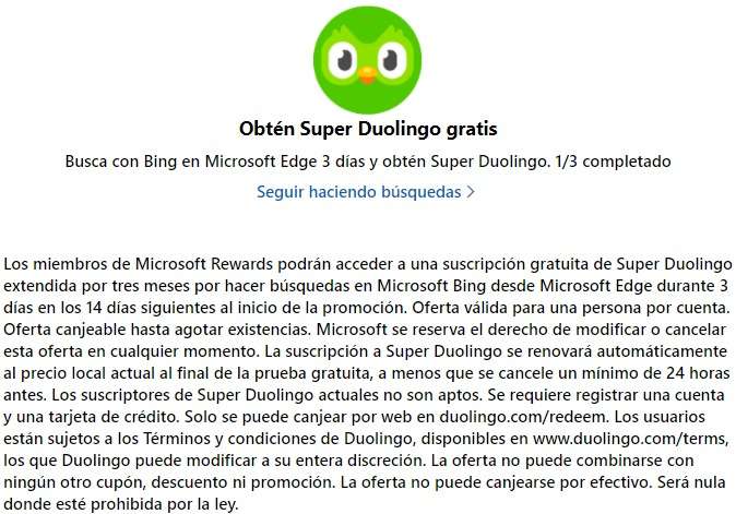 3 meses de Super Duolingo gratis con Microsoft rewards y Bing