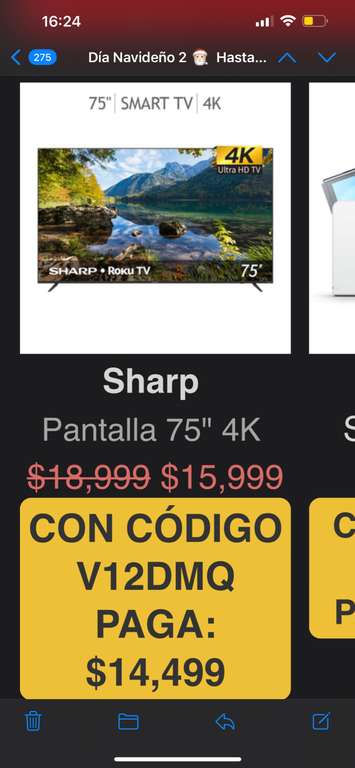 Costco : Sharp Pantalla 75" 4K UHD Smart Roku TV (PAGANDO CON PAYPAL)