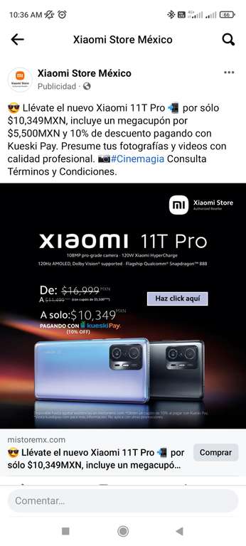 Mi Store: Celular Xiaomi 11T Pro 8/256 (Precio con cupón de Xiaomi + cupón de Kueski Pay)