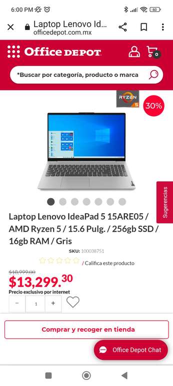 Office Depot: Laptop Lenovo IdeaPad 5 15ARE05 / AMD Ryzen 5 / 15.6 Pulg. / 256gb SSD / 16gb RAM / Gris