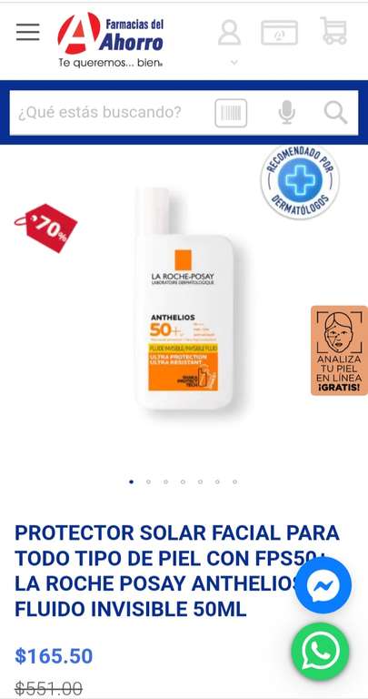 Farmacias del Ahorro: Protector solar La Roche Posay Anthelios Fluido Invisible 50ml 70% de descuento