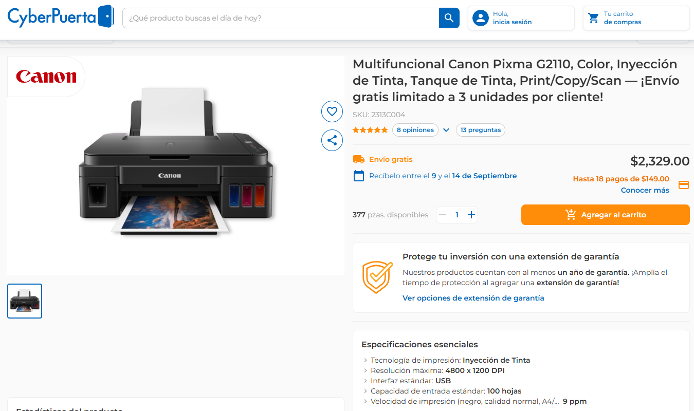 CyberPuerta: Impresora Multifuncional CANON Pixma G2110, Color, Inyección de Tinta, Tanque de Tinta, Print/Copy/Scan USB NO WIFI