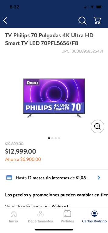 Walmart: Philips 70 Pulgadas 4K Ultra HD Smart TV LED