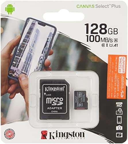 Amazon: 2 Kingston MicroSDXC Select Plus 128GB (Con Adaptador a SD) Clase 10, UHS-I, U1, V10 Lectura: 100MB/s (SDCS2/128GB)
