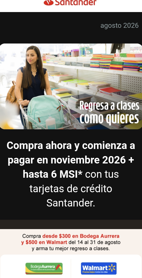 Walmart y Bodega Aurrera: 6 MSI y empieza a pagar en Noviembre pagando con Santander