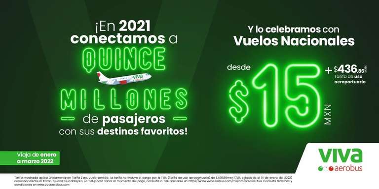 Viva aerobús: Vuelos Nacionales (Enero a Marzo) desde 15 pesos + 436 de TUA