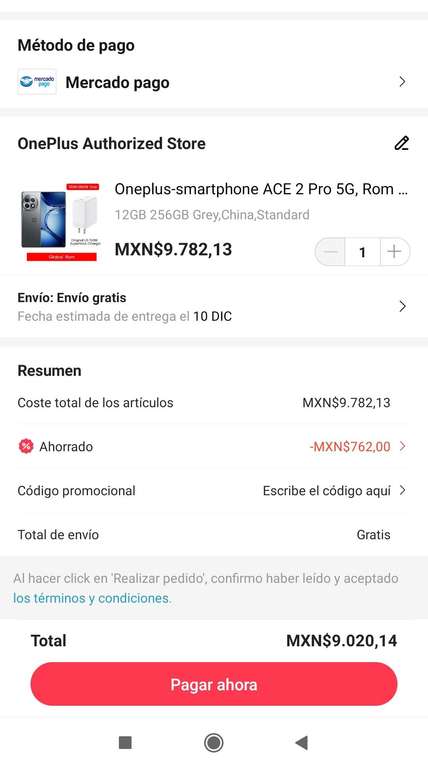 AliExpress: Celular Oneplus ACE 2 Pro/Oneplus 11R , Global, Snapdragon 8 Gen 2, 12gb, 256gb | Pagando con Mercado Pago