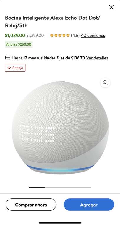 Walmart: Bocina Inteligente Alexa Echo Dot Dot/Reloj/5th