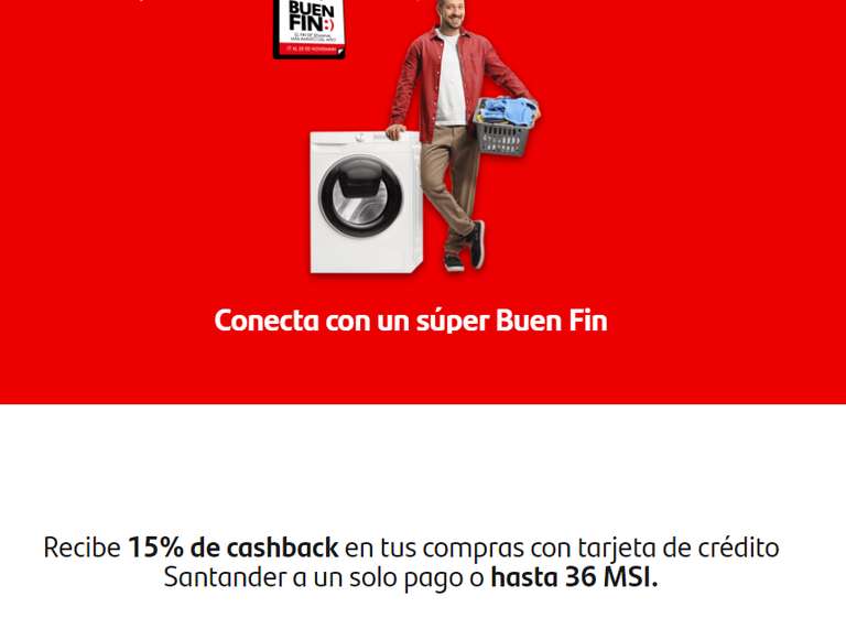 Buen Fin 2023 con Santander: Recibe 15% de cashback en supermercado o hasta 36 msi