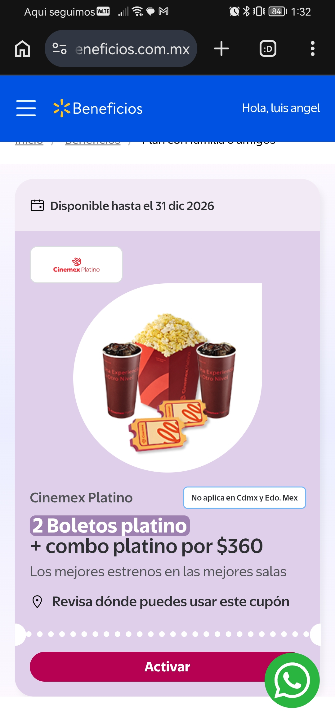 Suma beneficios: 2 boletos platino + combo platino por $360 en cinemex