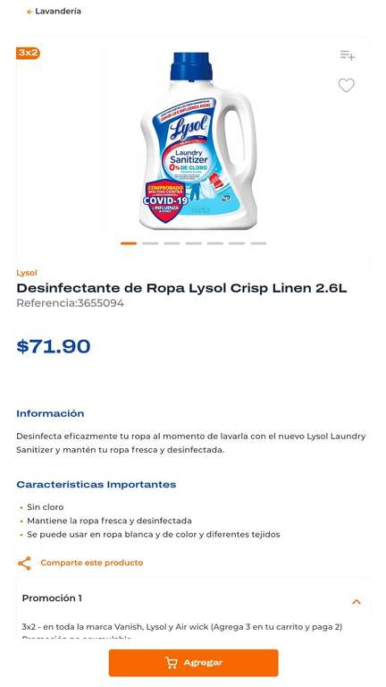 Chedraui: Lysol para ropa al 3x2 ($47.93 c/u) 7.98 litros en total