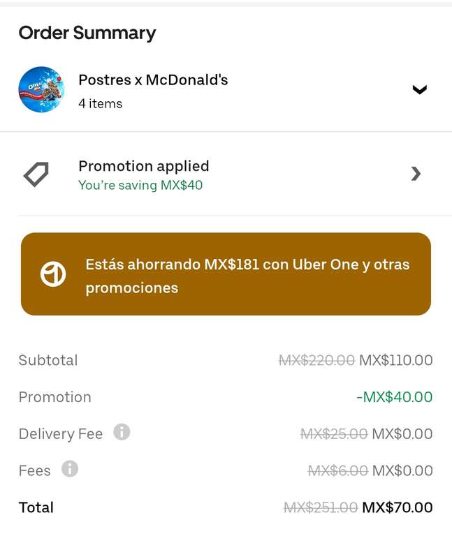 Uber Eats (Uber One): Postres x McDonald´s CDMX, 4 McFlurry MX$70 para la calor