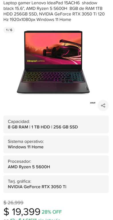 Mercado Libre: Laptop Gamer Lenovo IdeaPad 15ACH6 shadow black