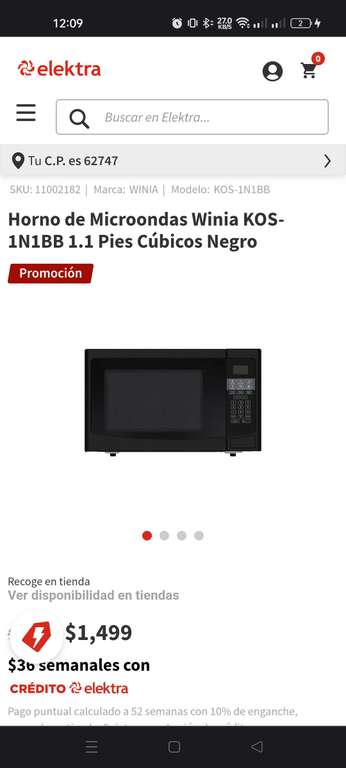 Elektra: Microondas Winia 1.1p³ con crédito elektra