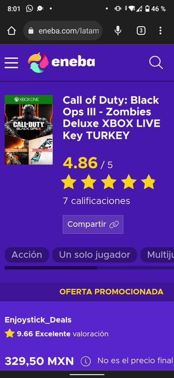 Eneba, (con VPN Turquía) Call of Duty black OPS 3 edición deluxe con season pass y zombies chronicless