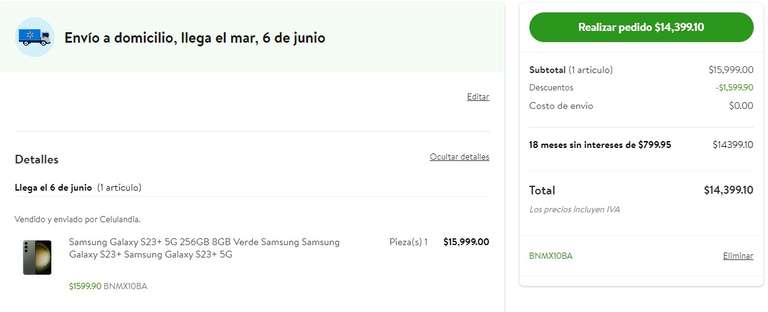 Bodega Aurrera: Samsung Galaxy S23+ 5G 256GB 8GB Verde | Pagando con TDC Citibanamex a 18 MSI