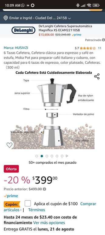 Amazon - Cafetera italiana 6 tazas o expreso