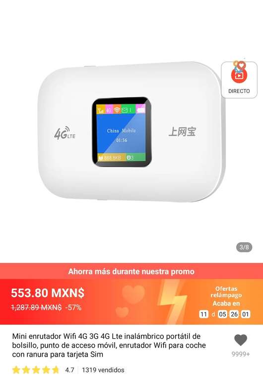 Aliexpress: Mini Enrutador WiFi 3G 4G LTE inalámbrico portátil CHINO