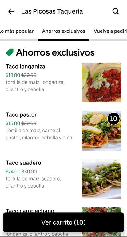 Uber Eats: Las Picosas Taquería (CDMX) 10 tacos de pastor por $60 o 5 de pastor y 5 de longaniza por $75