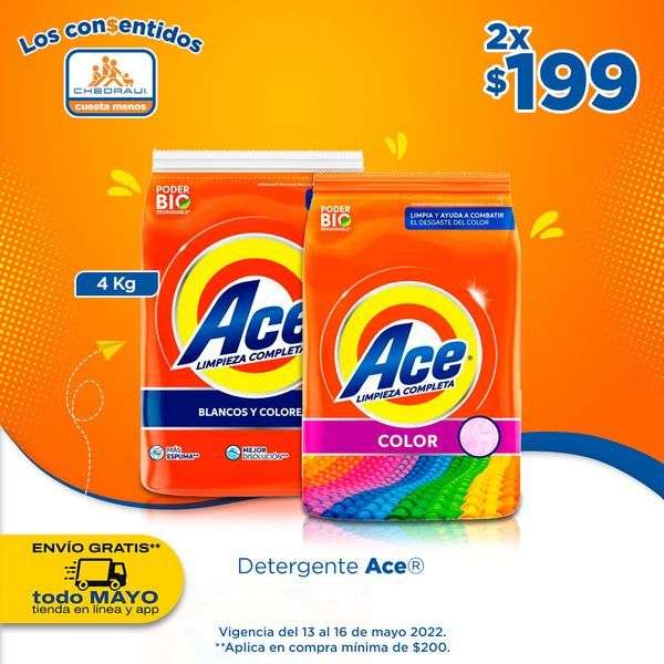 Chedraui: 2x$199 en Detergentes Ace en polvo 4 kg o 4.7 kg... 2x$40 en Detergente en polvo Ace Color 1 kg