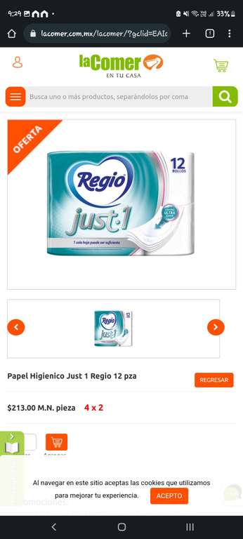 Fresko: Papel higiénico 12 rollos regio just one 4x2 48 rollos ($106.5 c/u, a 9 el rollo)