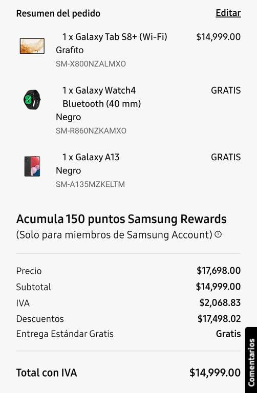 Samsung Store: Samsungq tablet S8 plus + galaxy watch 4 y celular samsung A13