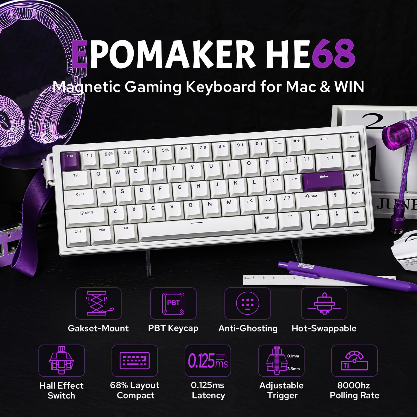 Amazon: EPOMAKER HE68 Teclado magnético con Cable para Juegos, frecuencia de sondeo 8K, latencia de 0,125 ms, retroiluminación RGB